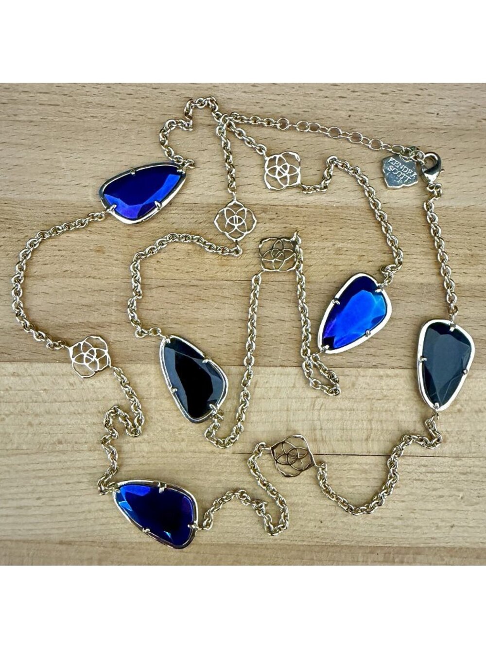 Kendra Scott Kinley Cobalt Blue Cats Eye Gold Long Station Chain Necklace